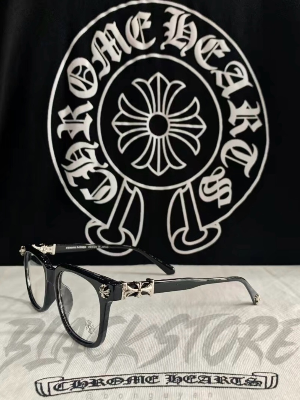 Chrome Hearts Black Glasses with Silver Cross Accents (New)